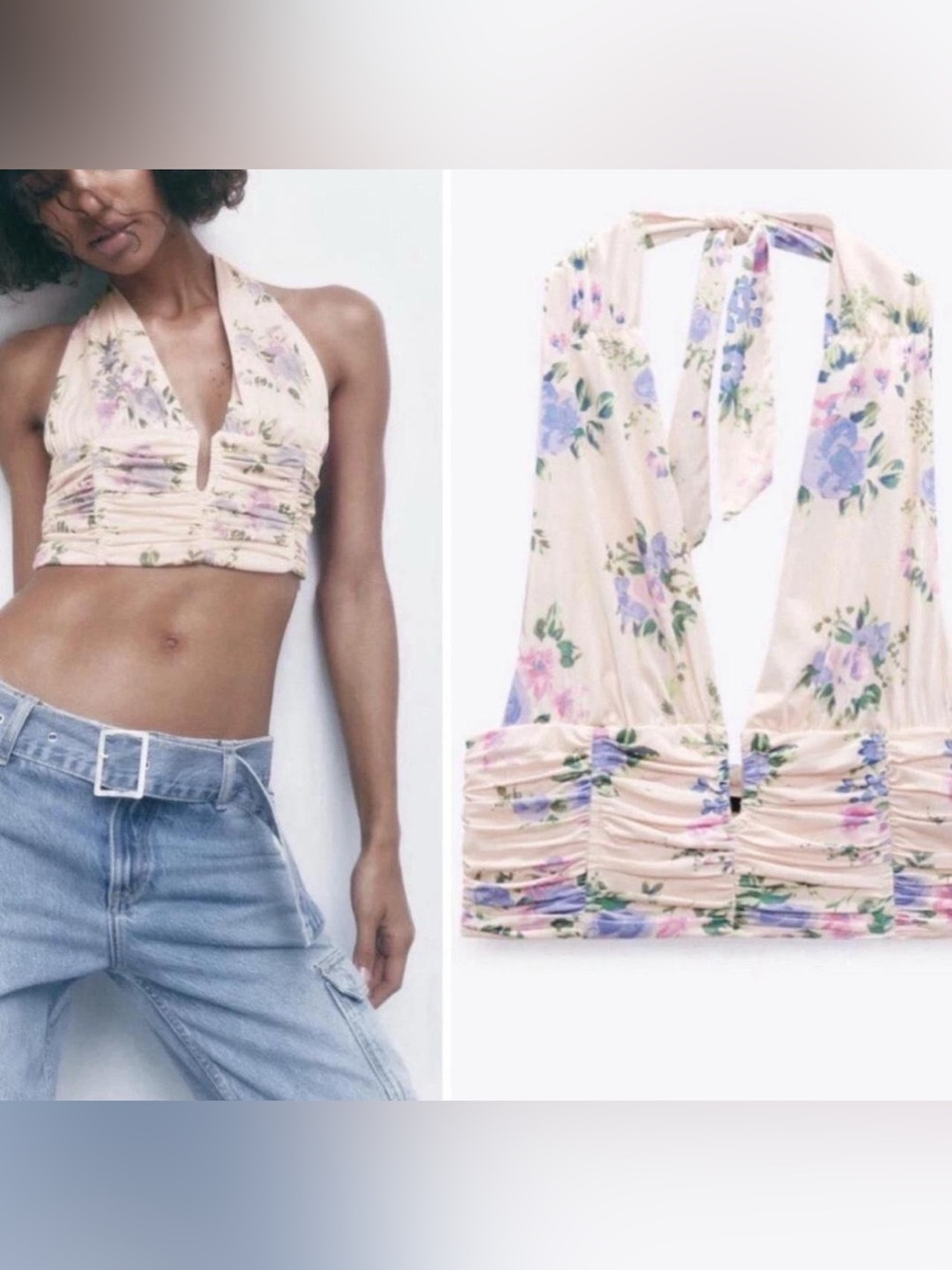 Zara Cream Floral Halter Ruched Crop Top